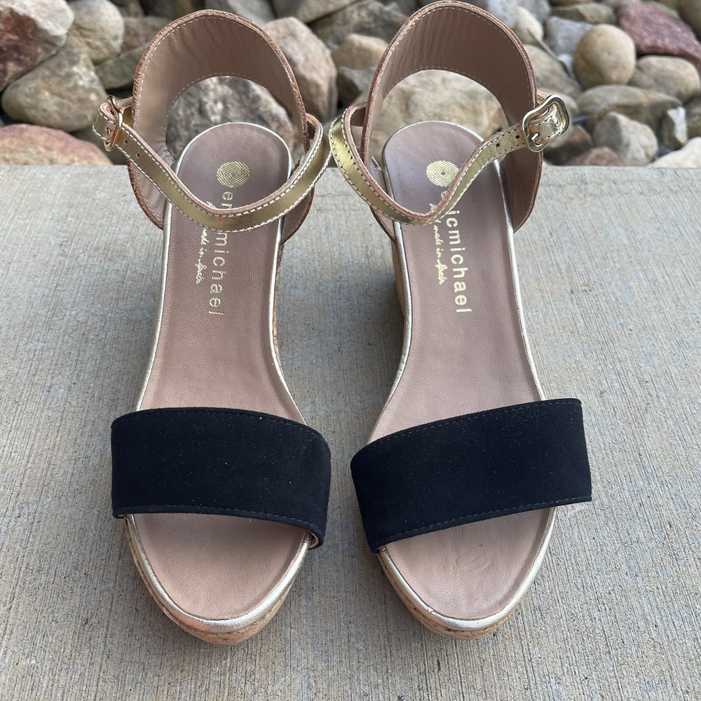 Eric Michael Wedge Sandals Size 37 Black Suede Gold Cork Ankle‎ Strap New